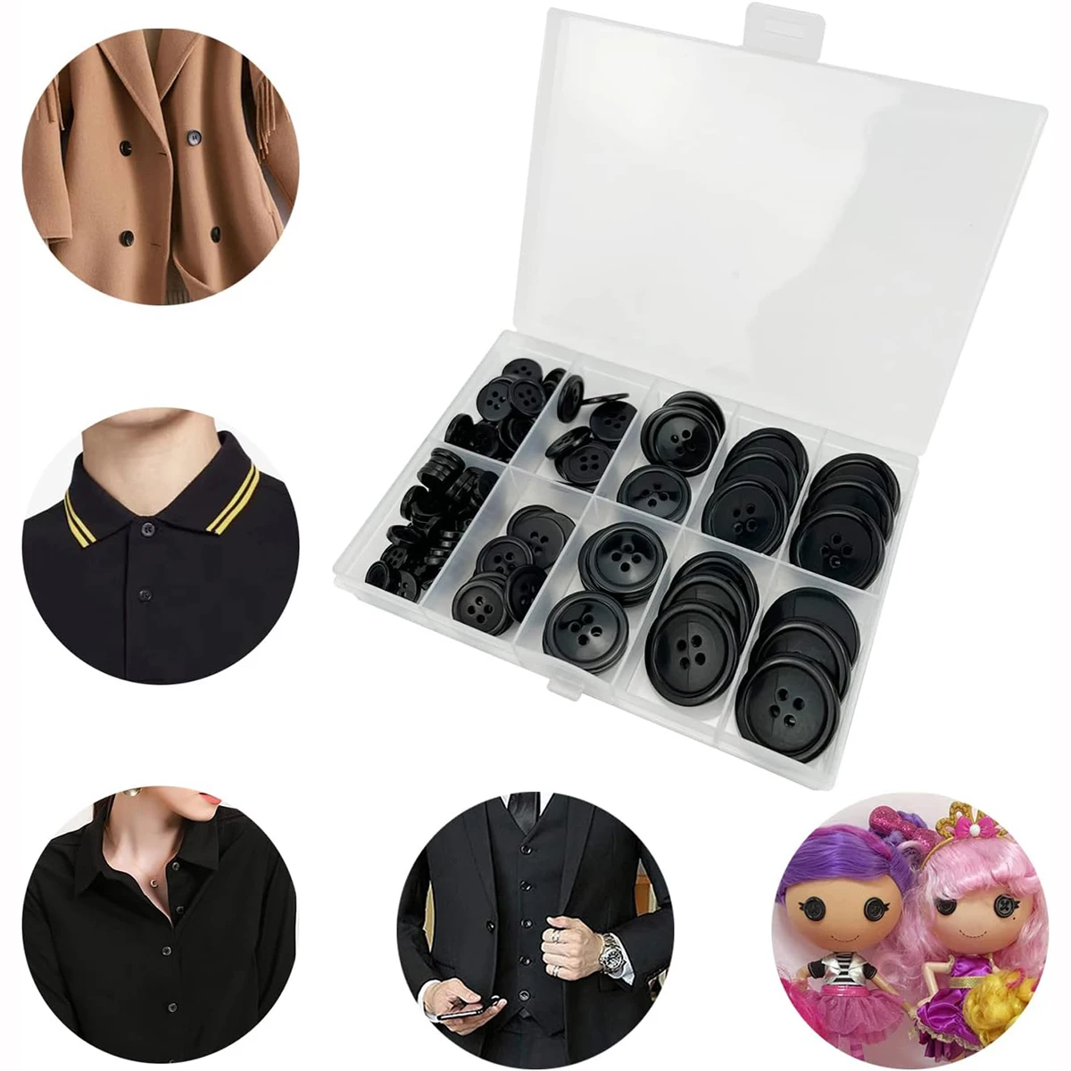 100 Pcs Black Resin Sewing Buttons, Mixed 5 Sizes of Black Buttons Suitable for Sewing Decoration 4-Hole Craft Buttons