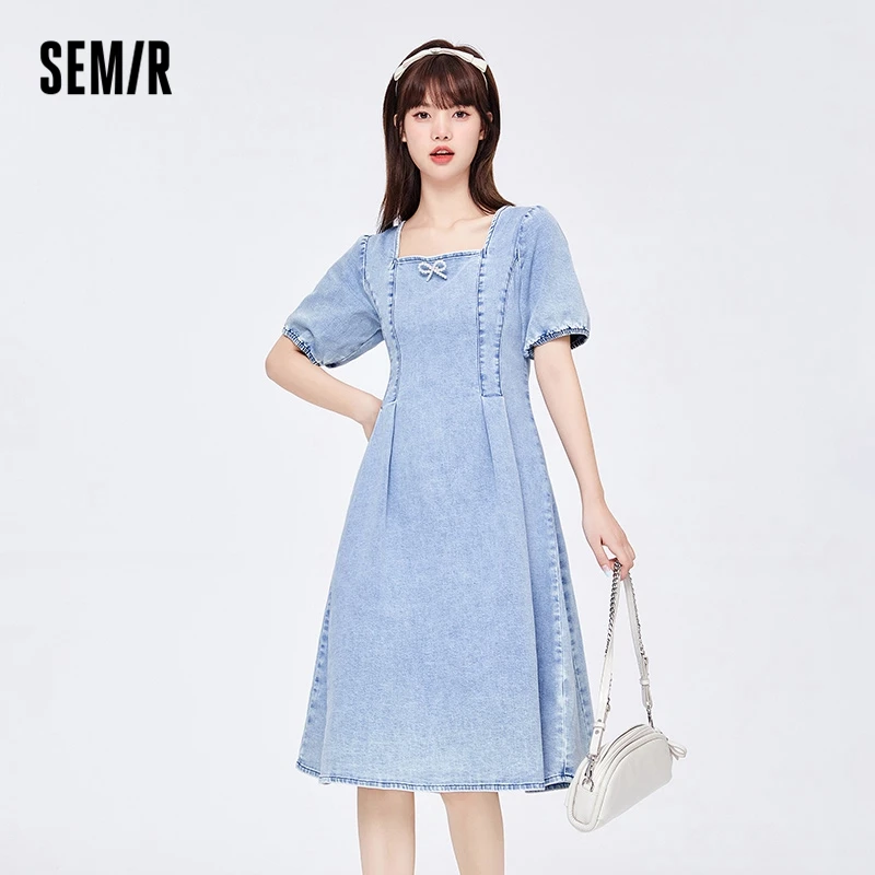 Semir Dress Women Collar Bow Denim Dress 2024 Summer New Slim Slim Midi Dresses Light Familiar Style