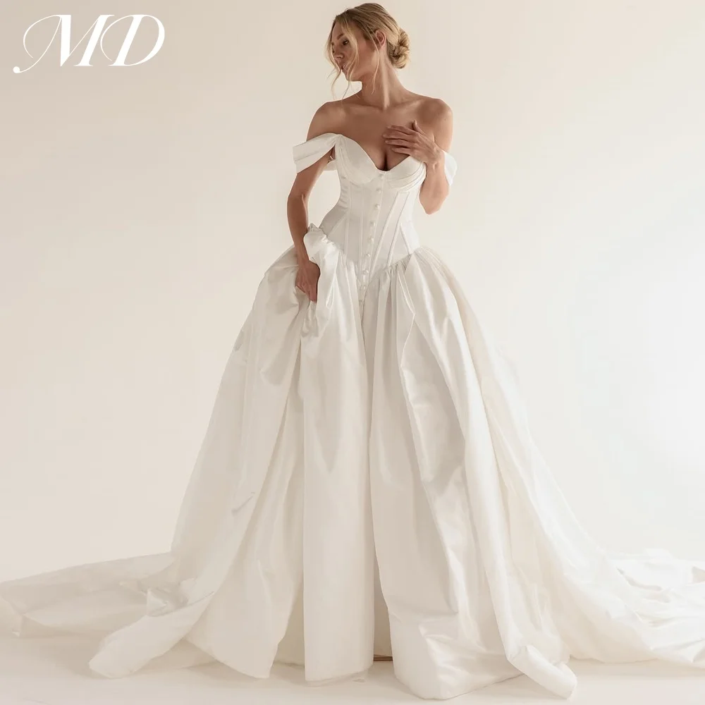 

MD Elegant Off Shoulder A-line Wedding Dress Satin Pleat Ball Gown Dropped Button Corset Bridal Gown Vestido De Noiva Customized