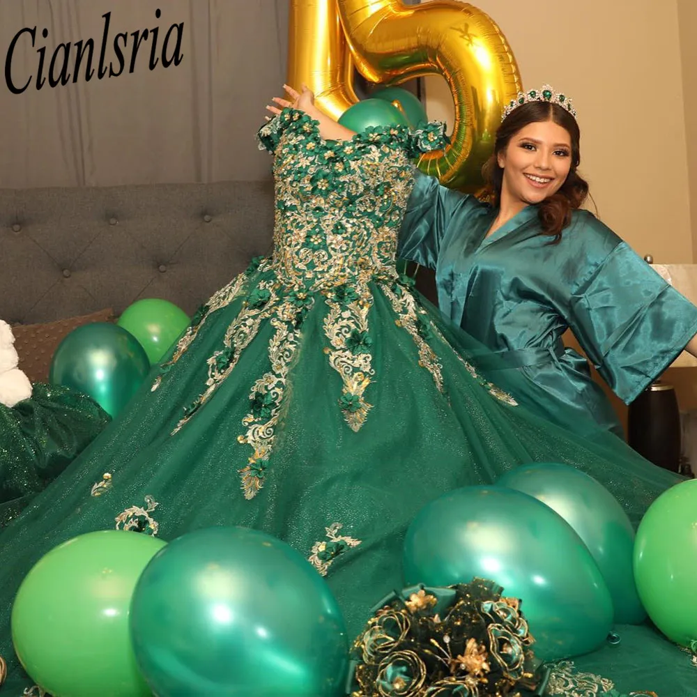 Vestidos Quinceanera verdes fora do ombro, apliques de renda, vestido de baile, vestido de baile doce, 15 anos perolização