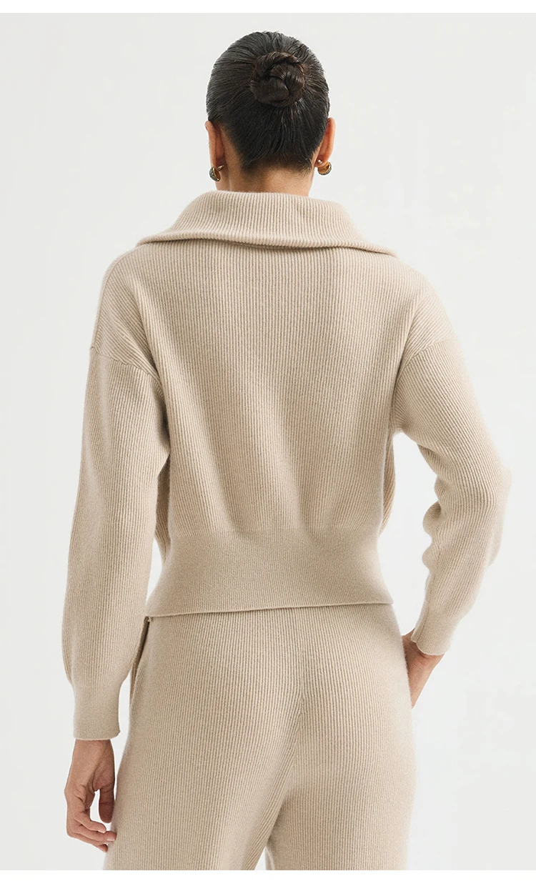 BY4621737 Damen Oversized Revers-Woll-Kaschmir-Mischung Englischer Rippstrick Reißverschluss-Cardigan mit Lederzuglasche Dezente Bürokleidung Herbst – Detail 7