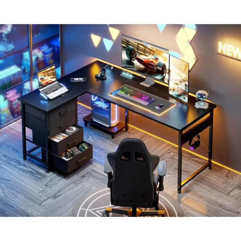 L Shaped Gaming Desk with 4 Drawers, 53 Reversible Home Office Desks Power Outlets, L  Computer USB Chargi