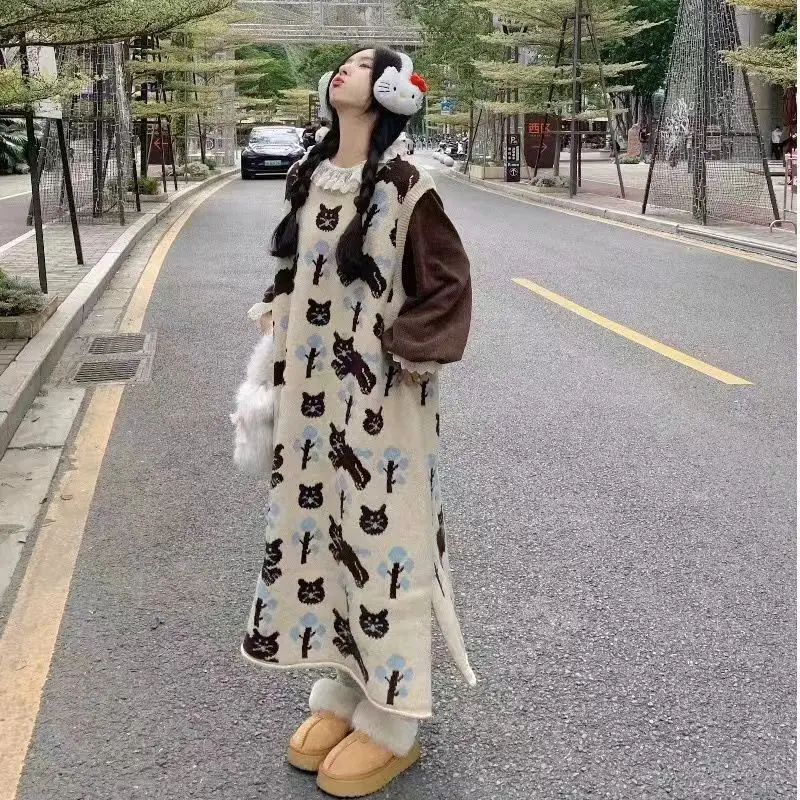 

Весенне-осеннее новое женское платье-майка, свободное вязаное жаккардовое платье-свитер