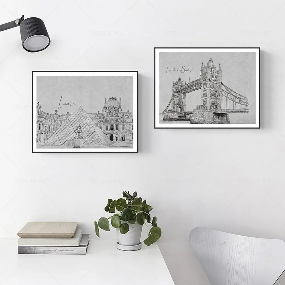 Landscape Sketch Prints Eiffel Tower London Bridge Louvre Posters Wall Art Canvas Painting Pictures for Living Room Home Decor