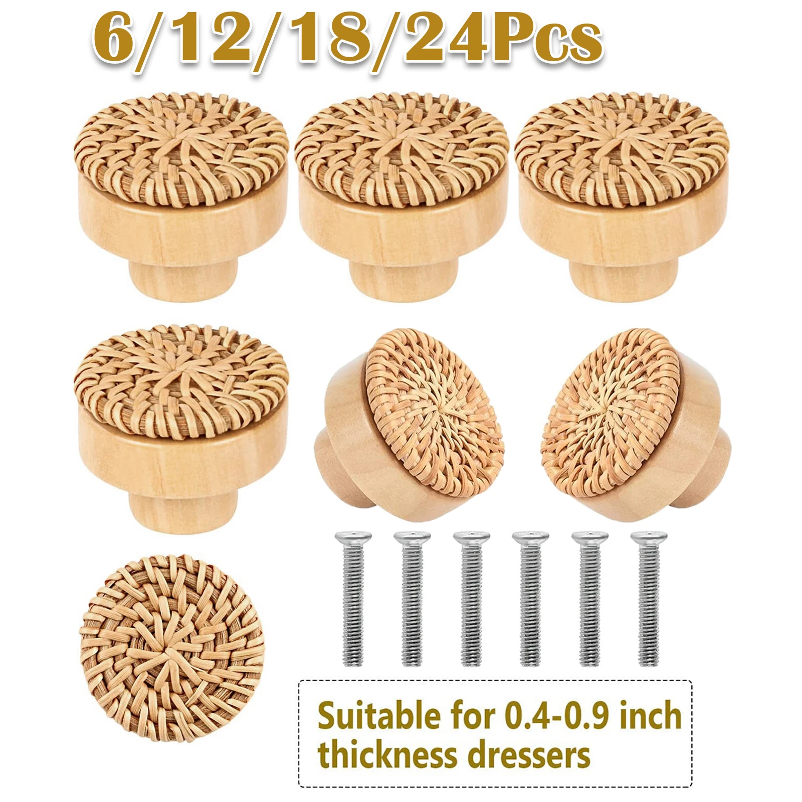 6-24Pcs Rattan Drawer Knobs Boho Rattan Wooden Dresser Knobs Handmade Cabinets Dresser Handles Furniture Wardrobe Door Pulls