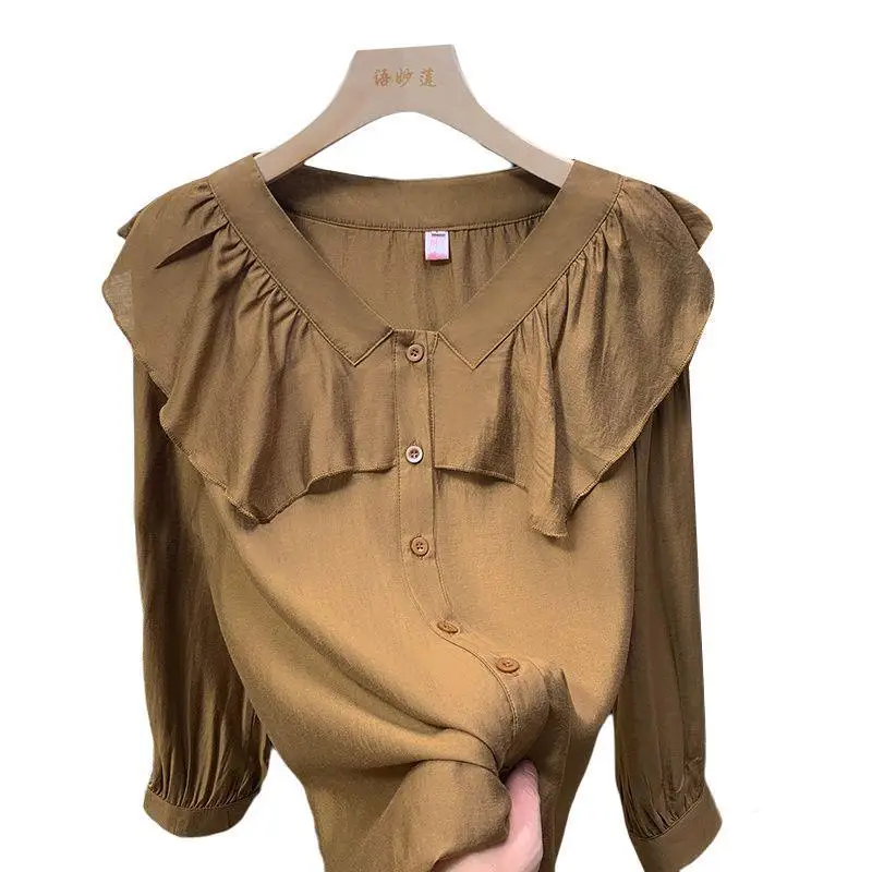 Camisa holgada de manga larga para mujer, Tops de Tencel Vintage, cuello Peter Pan, volantes empalmados, Color sólido, primavera, otoño, nuevo