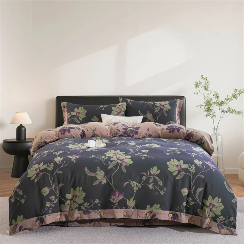 Double Layer Yarn 100% Cotton Soft Bedding Set Queen King Size Flower Plants Duvet Cover Bed Sheet/Fitted Sheet Pillowcases 4Pcs