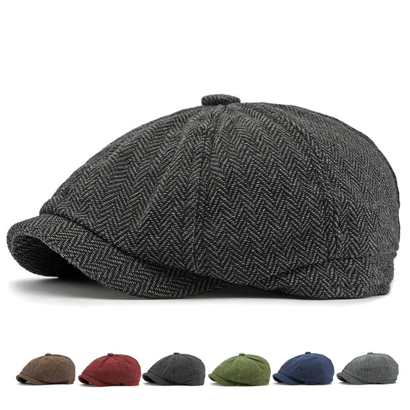 Twill Flat Cap for Men Women Herringbone Newsboy Caps British Style Octagonal Hat Solid Green Red Detective Cabbie Beret Hat