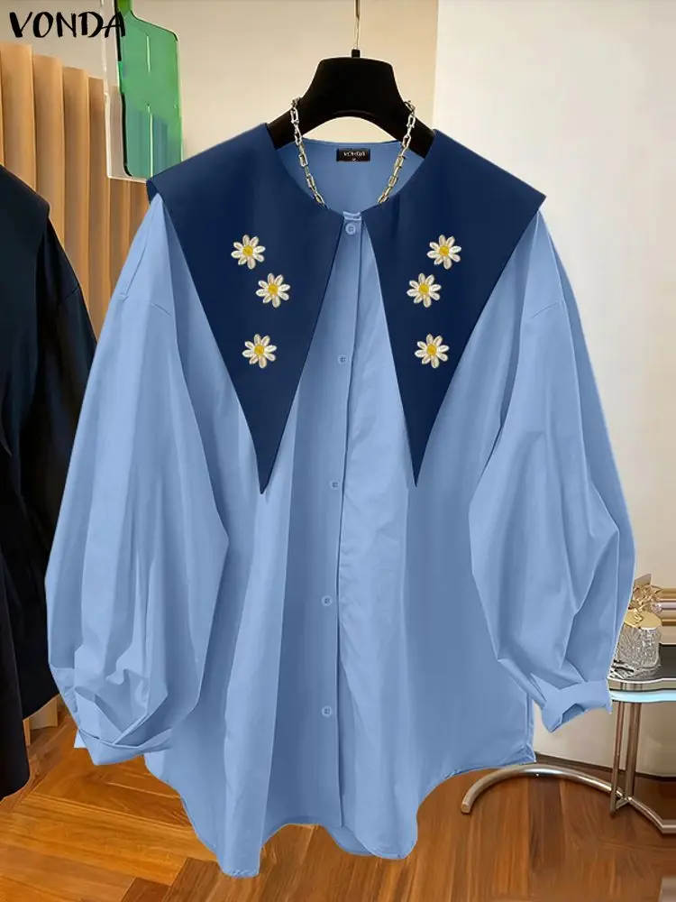 VONDA, camisas con bordado Floral a la moda, blusas elegantes con solapa de manga larga para mujer, Tops tipo túnica holgados informales para primavera 2026, Blusa Vintage