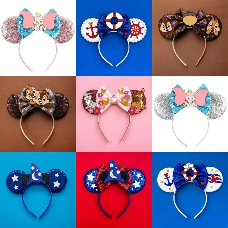 Disney Mickey Mouse Ears Headbands for Girls Kids Women Sequins Bow Hair Accessories Minnie Mouse Pluto Hairband Piglet Headwear