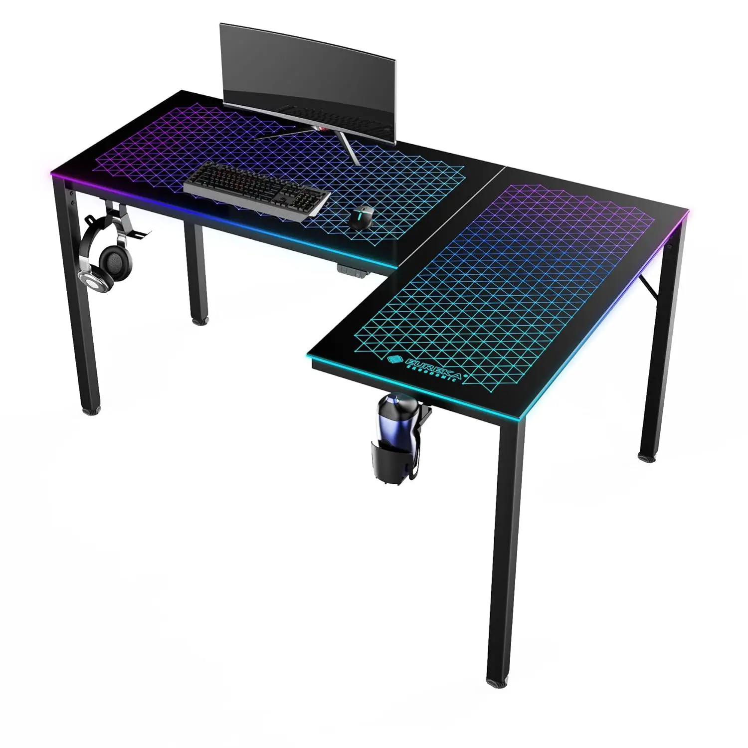 

60in Reversible L Shaped Glass Gaming Desk Home Office Computer Table RGB LED Lights, Customized
