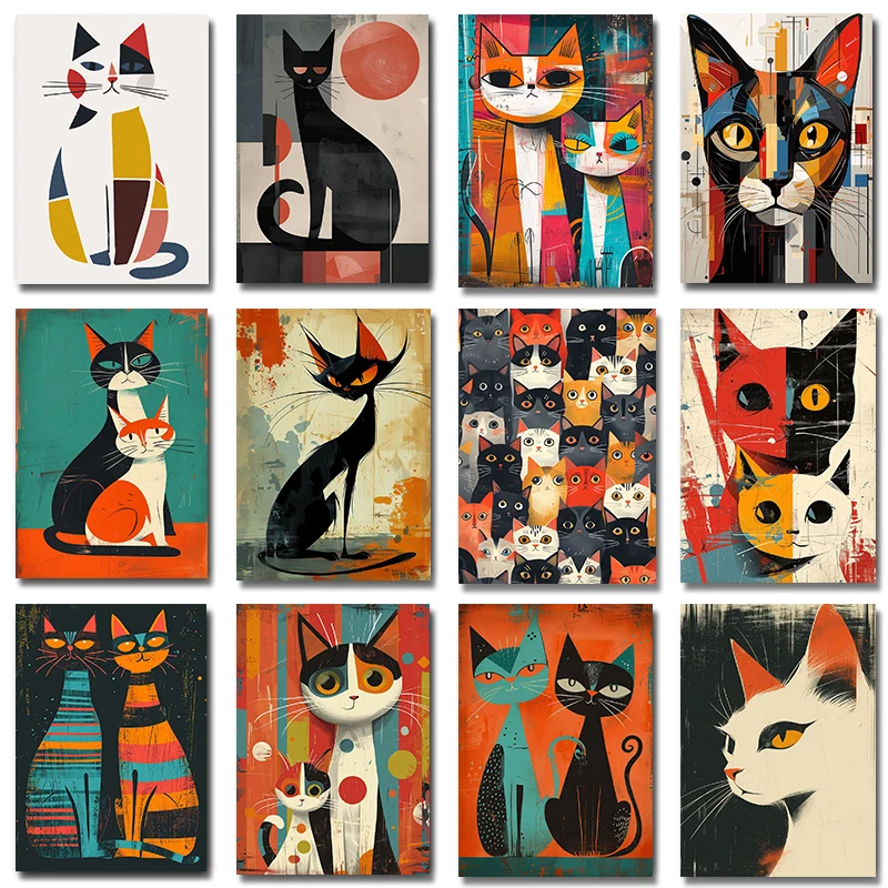 다채로운 고양이 초현실주의 입체파 추상 미술 캔버스 회화 낙서 고양이 포스터 인쇄 방 벽 그림 현대 홈 장식