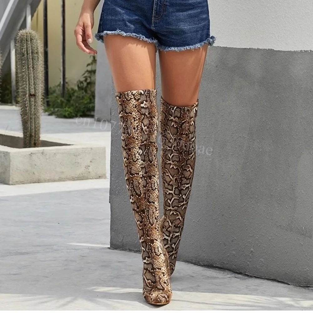 

Golden Snakeskin Thigh High Boots Suede Pointed Toe Sexy Shoes for Women Thin High Heels Fashion Shoes 2024 Zapatos Para Mujere