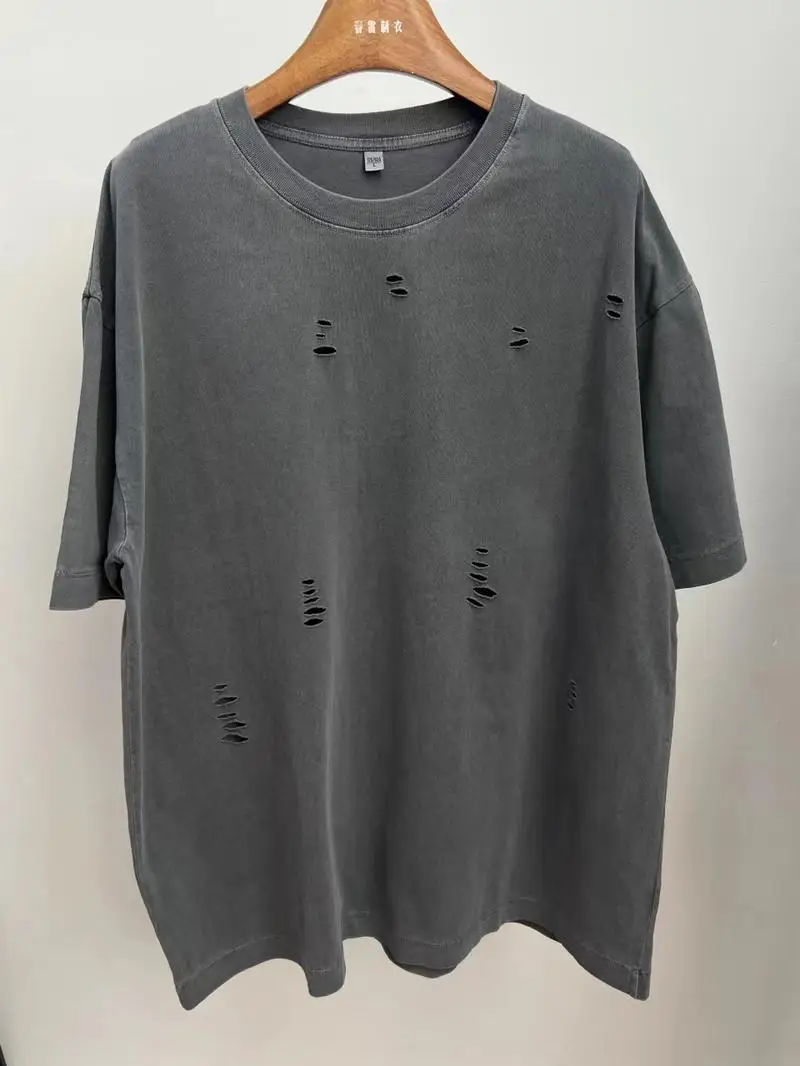 

2024 New Ripped Crew Neck Short Sleeve Loose Casual T-Shirt Men's and Women's Same Retro Fashion Bottom Shirt Oversized T Shirt