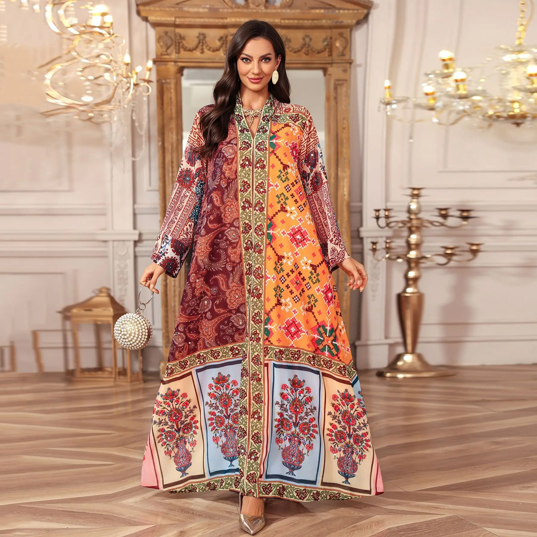 Abaja Damska Sukienka na Eid Muzułmańska z Nadrukiem Diamentowa Dubaj Turcja Długa Sukienka Vestidos Largos Ramadan Maroko Kaftan do Modlitwy Szata Abaje