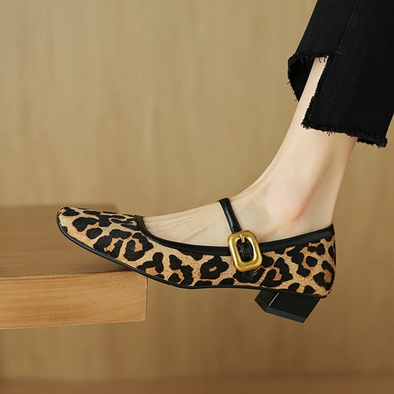 NEW Spring/Autumn Women Pumps Square Toe Chunky Heel Shoes Horsehair Leopard Shoes for Women Concise High Heel Buckle Mary Janes