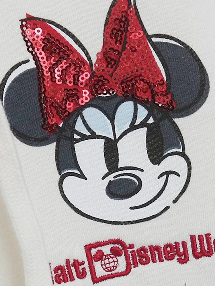 Disneyland World Sweatshirt Minnie Mouse Letter Sequined Cartoon Print Embroidery Fashion Women Zip Pocket Hooded Jumper Tops