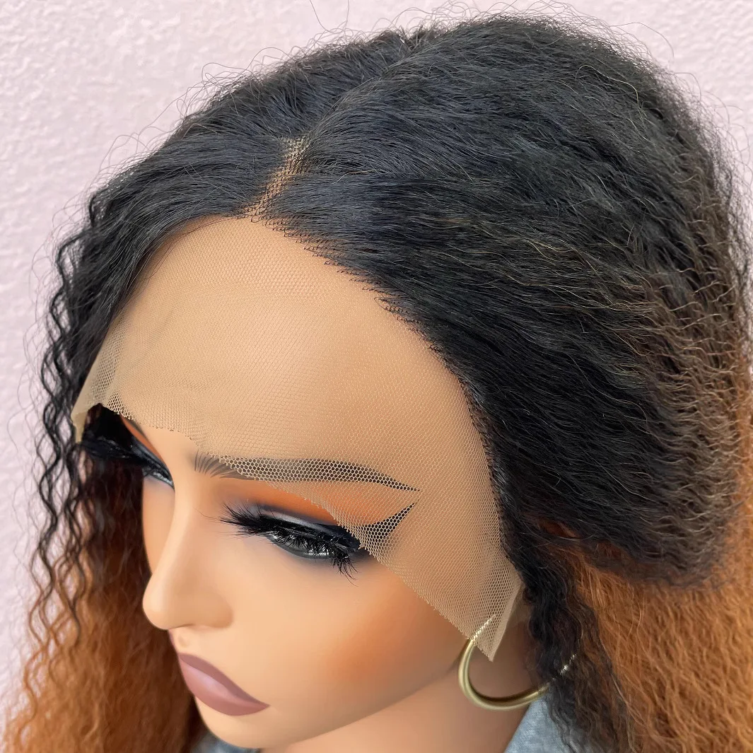 Wig Rambut Lurus Kinky dengan Lace Front untuk Wanita, Wig Afro Yaki Gelombang Panjang Keriting Lurus Ombre Cokelat, Wig Cosplay Pesta Halloween yang Mengembang