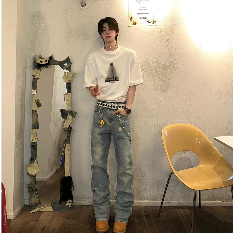 

Retro Blue Blade Men's Jeans Summer Thin Extended Length Tall Straight Micro Flared Pants American Vibe Casual Straight Leg J...
