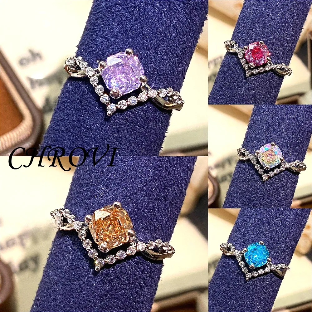 Light Luxury 925 Sterling Silver Octagonal Millennium Rose Colorful Ring Women Diamond Ring Wedding Rings