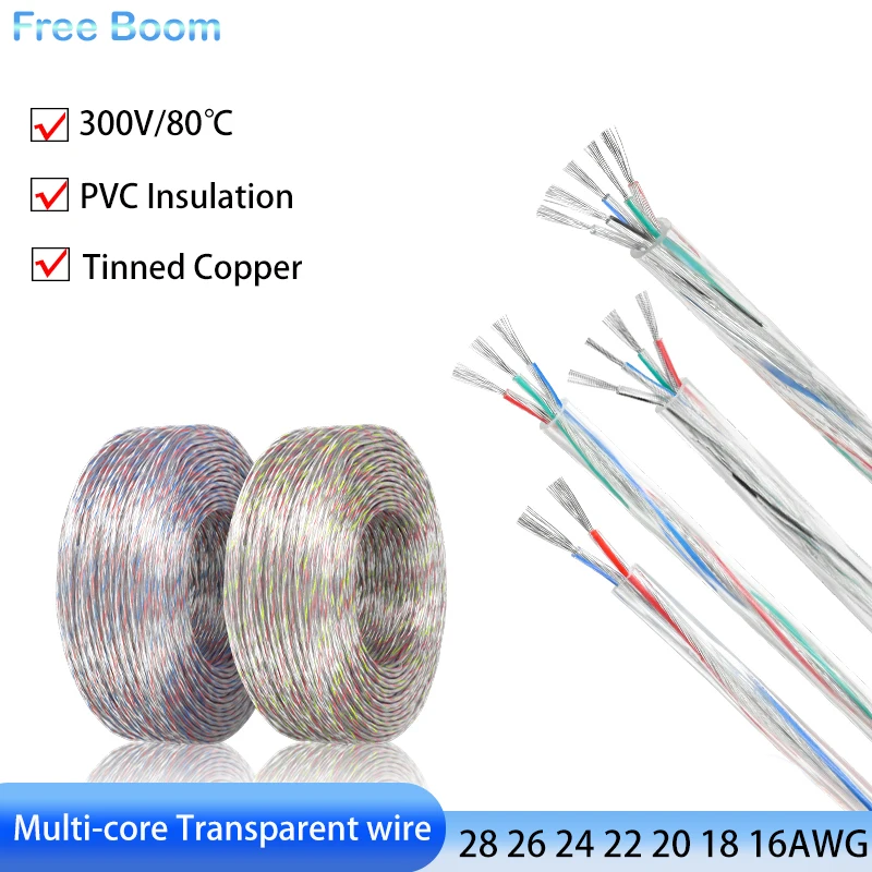 1/2/5M PVC Insulation Tinned Copper Cable 2 3 4 5 Cores 28/26/24/22/20/18/16AWG Transparent Power Cord LED Light Electronic Wire