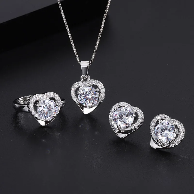 

Clearance Sale Simple S925 Silver Needle Zircon Earrings Ring Pendant Jewelry Three-Piece Set