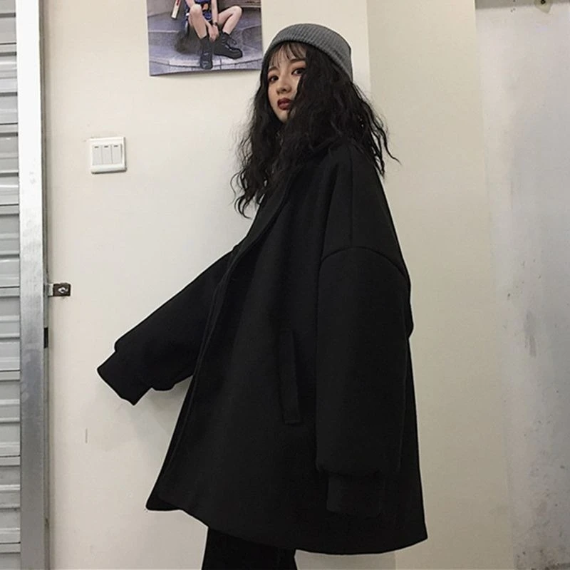 Korean Style Women's Plus Velvet Wool Coat Loose Mid Length Black Winter Jacket for College Girls Vintage Thick Tweed Overcoat