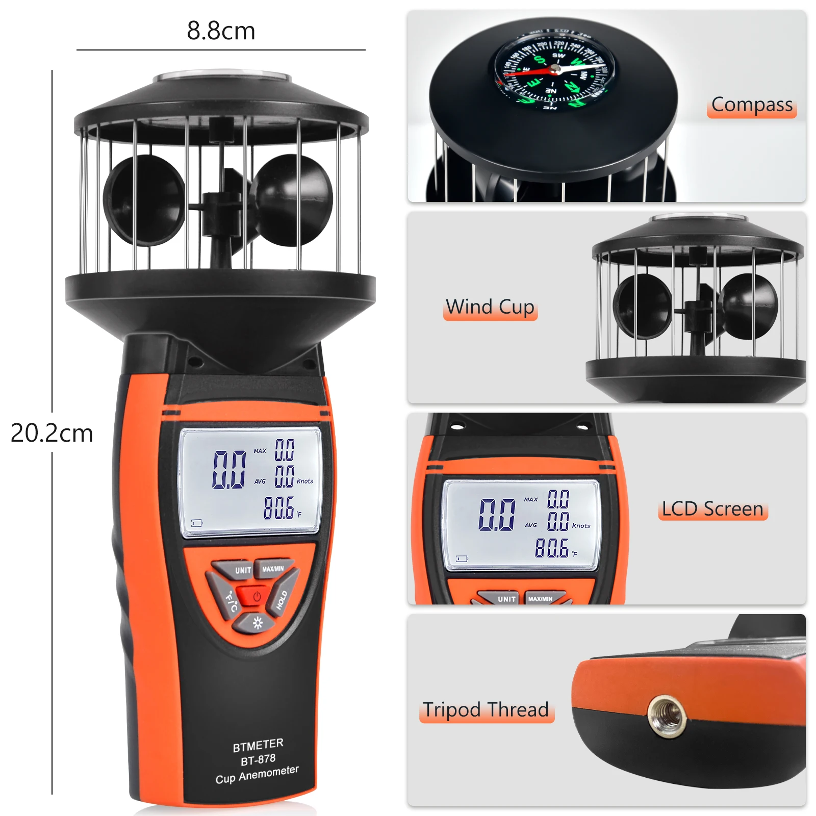 Digital Anemometer for Outdoor, Wind Cup Speed Meter BT-878 , High Accuracy Wind Gauge Measure Wind Velocity & Temperature