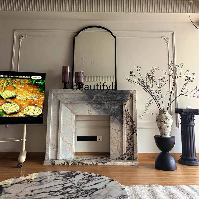 D80  Blue fireplace stone French fireplace living room background, steel frame marble, fireplace decoration