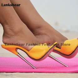 Yellow Metal Heels Peep Toe Slippers Stiletto Heels Stylish Summer Party Designer Handmade Women Shoes 2024 Zapatos Para Mujere