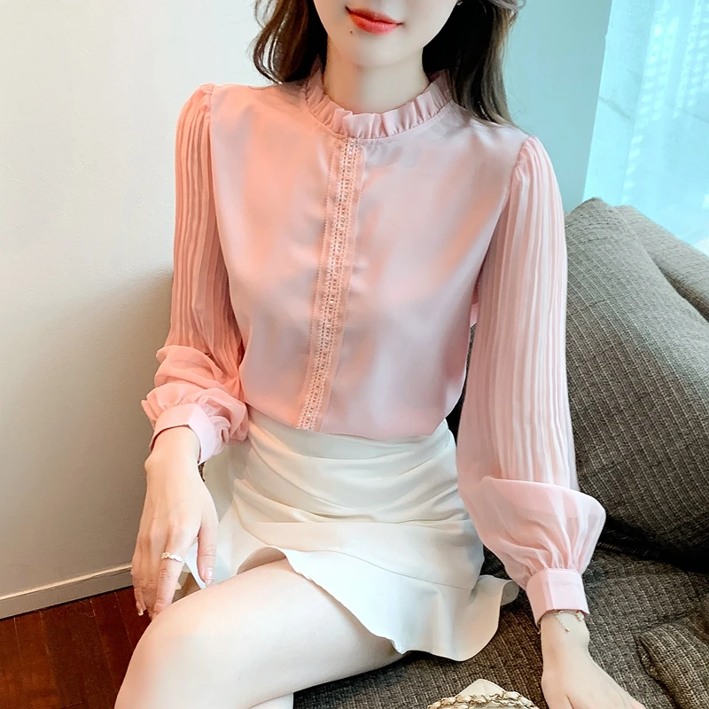 Spring Women Pink Chiffon Blouse Shirt Women Tops Blusas Mujer De Moda 2024 Long Sleeve Blouse Women Shirts Blouses Femme F447