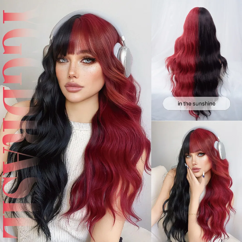 28Inch Red-And-Black Split Modern Style Synthetic Wigs with Bangs Long Wavy Hair Wig For Women Daily Use Cosplay Heat Resistant