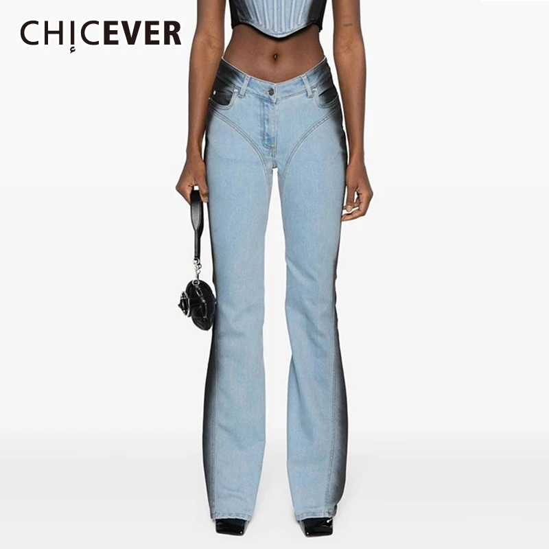 

CHICEVER Casual Slimming Denim Pants For Women High Waist Patchwork Pockets Minimalist Colorblock Wide Leg Trousers Female New