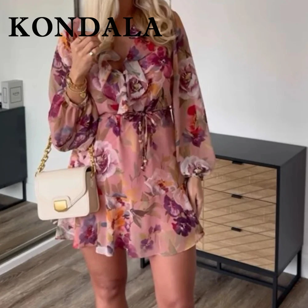 콘달라 시크 플라워 프린트 여성 드레스 패션 2025 V넥 캐스케이딩 미니 드레스 끈 단추 주름 여성 봄 원피스