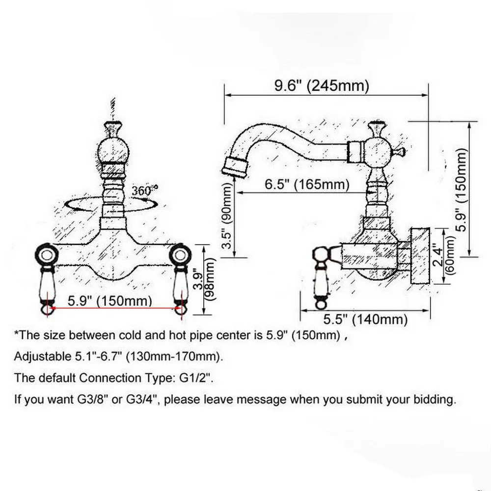 Zwarte Olie Gewreven Brons Wandmontage Badkamer Aanrecht Kraan Draaibare Uitloop Mengkraan Dual Keramiek Handgrepen Hevels anf859
