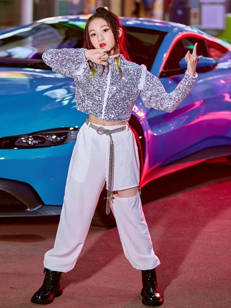 Roupa infantil de performance de dança de rua jazz nova primavera/verão lantejoulas hip hop conjunto de fantasia legal para meninas