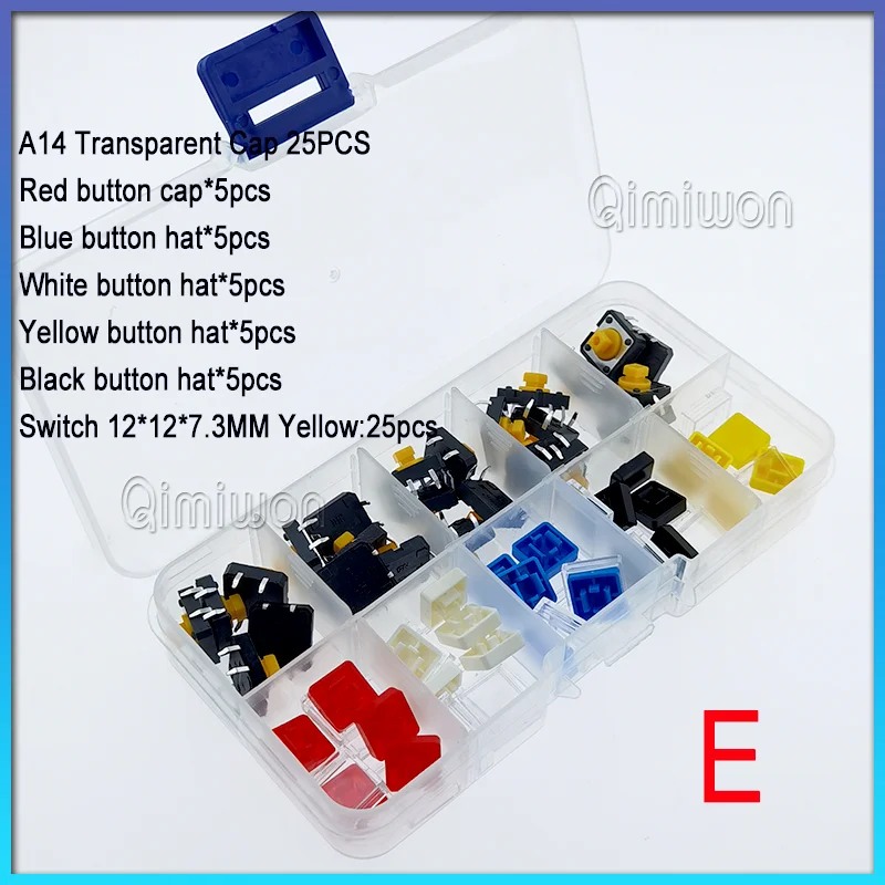 Tactile Push Button  Momentary 12*12*7.3MM Micro  button with knob Yellow  Red Kit 12x12x7.3  Sample box packaging