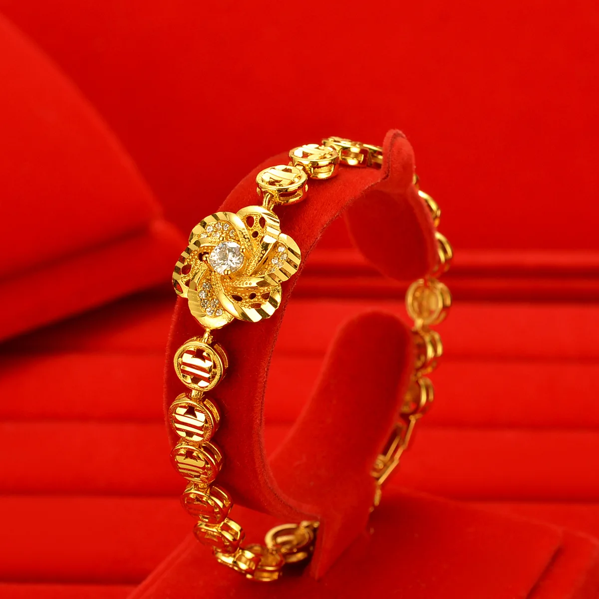 

Women's 24K Gold Stylish Flower Zircon Bracelet, AU999 | Engraved "Mystery" with hidden star-trail motifs.