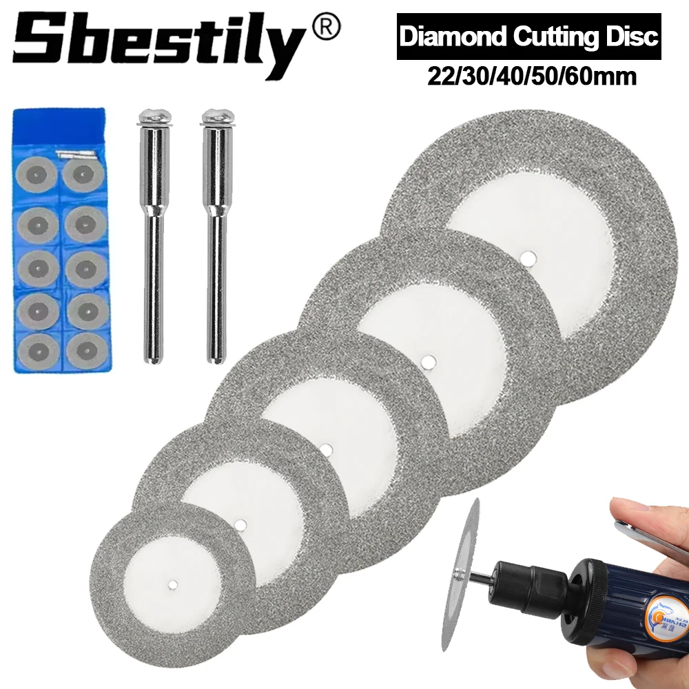 10pcs 22/30/40/50/60mm Diamond Cutting Discs Mini Diamond Saw Blade With 2pcs 3mm Mandrel For Cut off Wood Stone Plastic Glass