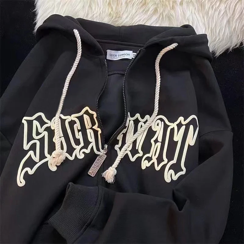 Goth Letter Printed Hoodie Women Harajuku Retro Long Sleeve Zip Up Sweatshirt Female Hip Hop Loose Hooded Clothes Y2K Streetwear