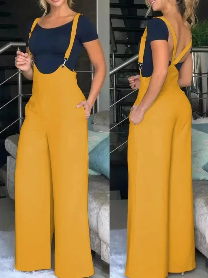 Elegant Jumpsuits For Women 2023 SummerNew Fashion Pocket Design CasualLoose PlainDaily Long Suspender Wide Leg Jumpsuit