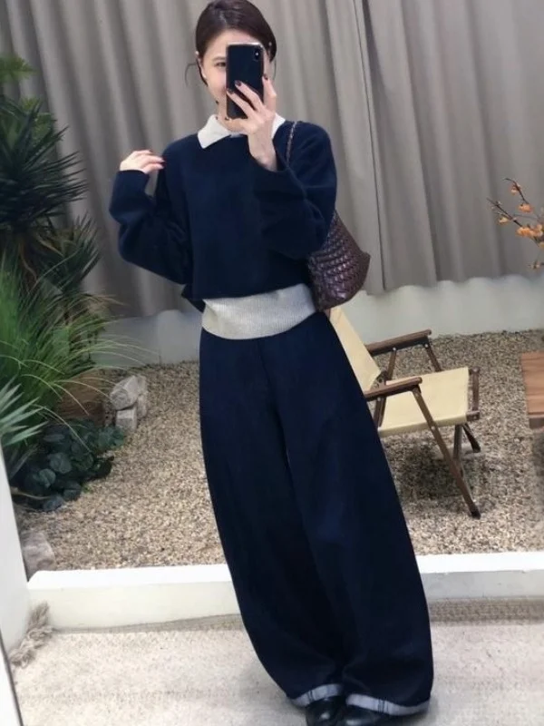 

Korean Style Lazy Fashionable Sweater Vest Three-Piece Set Elegant High Waist Pants Comfortable Long Sleeve Cotton Blend