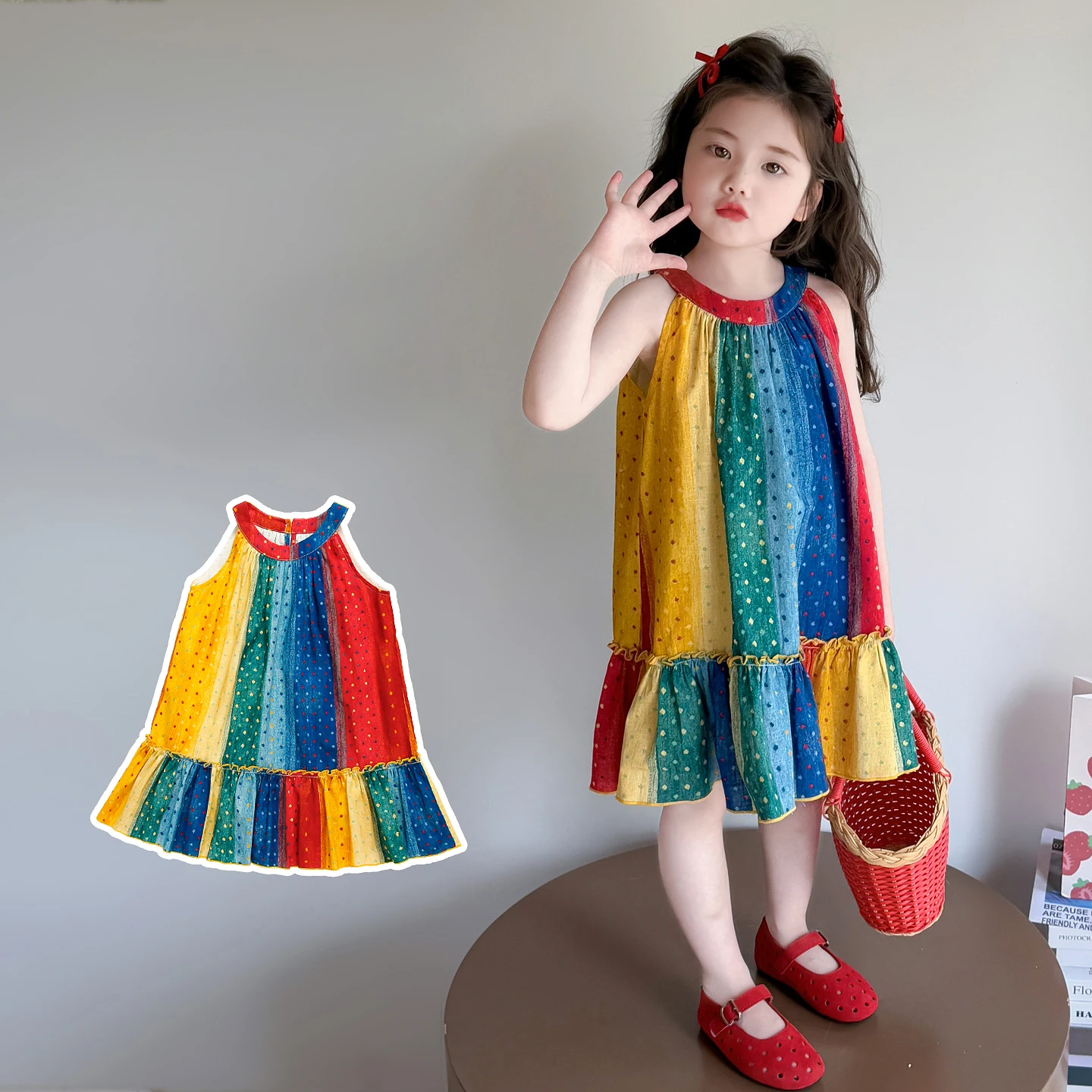 

New Summer Vacation Baby Polka Dot Dress for Girls Casual Vest Rainbow Dress Kids Child Colored Stripe Beach Sundresses 2025