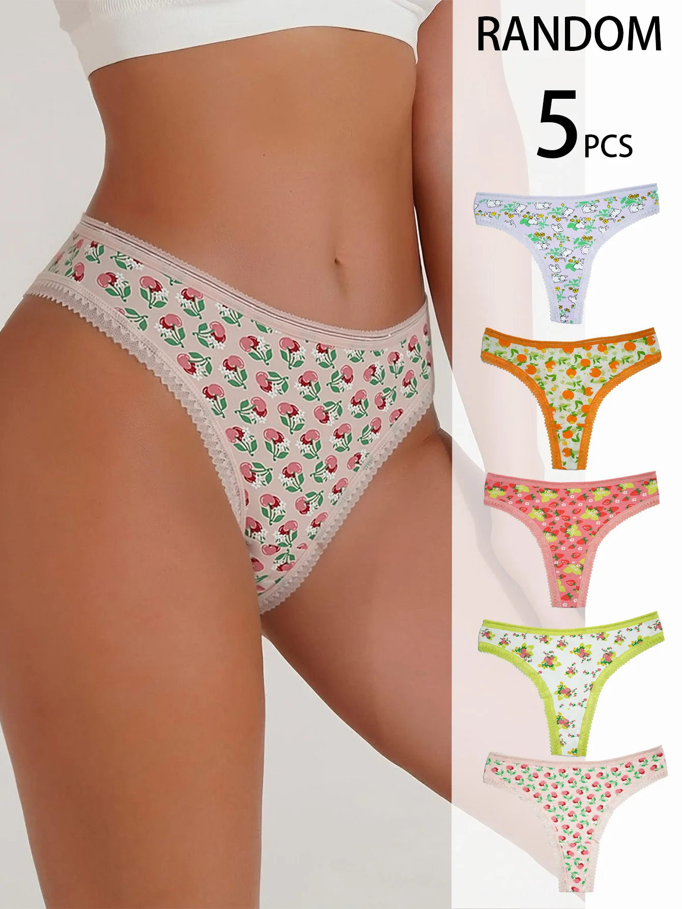 

5-Pack Random Color Summer Lightweight Breathable Thongs with Sweet Fruit Print Low-Waist Lace Trim Pure Cotton Crotch