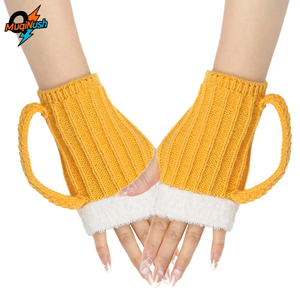 

MuqiNush 1 pc Winter Warm Half Finger Men Women Gloves Thermal Soft Knit Lining, Elastic Cuff Cute 3D Beer Cup Yellow Fashion