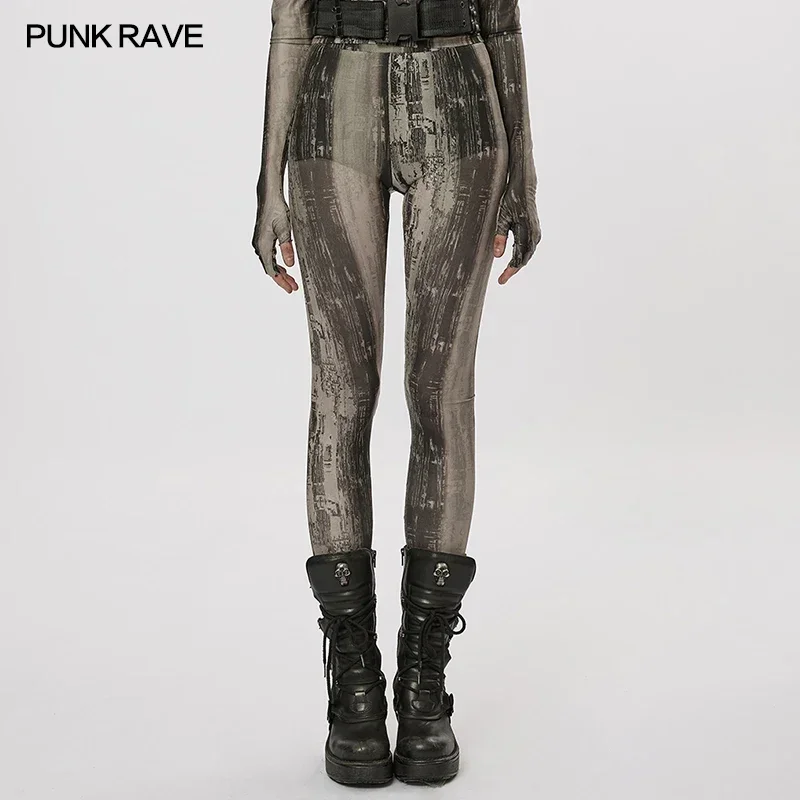 PUNK RAVE Women's The Post-apocalyptic Techwear Tight Printing Mesh Leggings Decayed Feeling Sexy Personality Street Wear Pants