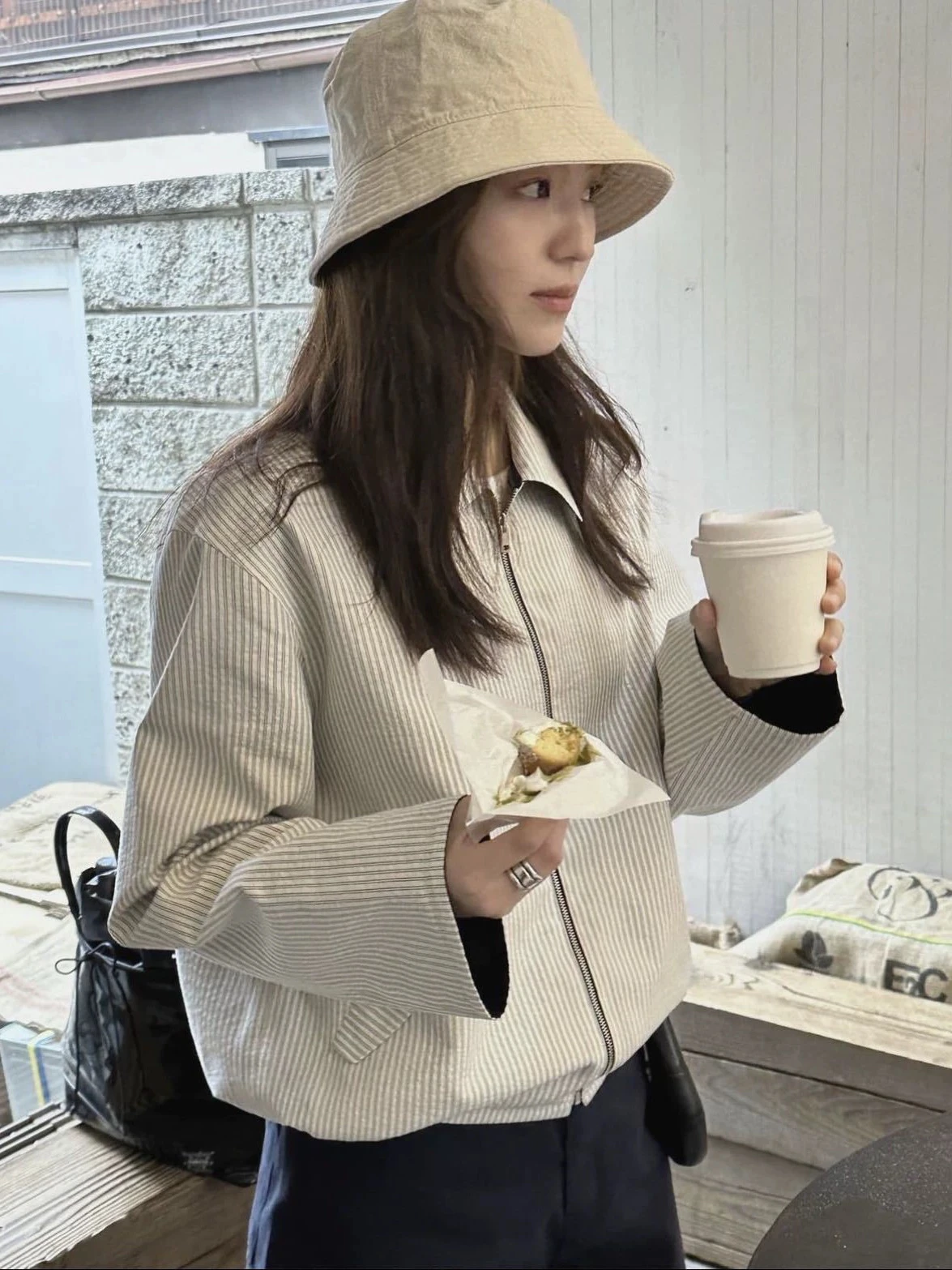 

Double-Sided Wear Striped Jaet Long Sve Turn-down Collar Organic Cotton Commute Sle Loose Fit Regular Sve Length