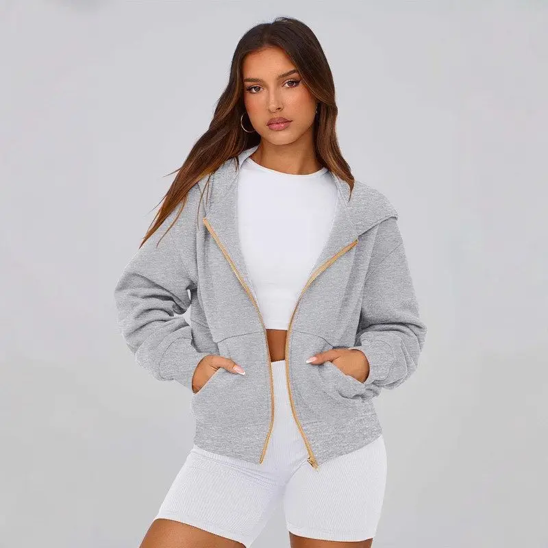 

Casual Hooded Cotton Jacket Zipper Pocket Pure Color Spring Autumn TEMU Independent Cross-Border New Style Women's Fashion