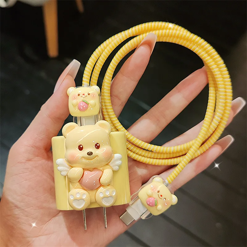 3D Bear Design Charger Cable Protector Cover For IPhone 15 14 13 12 11 18W 20W Charger Data Cable Line Spiral Winder Protective