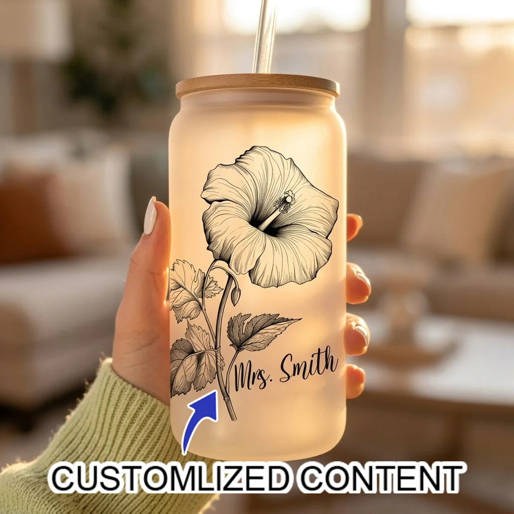 Custom Name Hibiscus Flower Frosted Beer Can Glass Tumbler 16oz Reusable Glass Cup with Bamboo Lid Straw Boho Floral Gift.